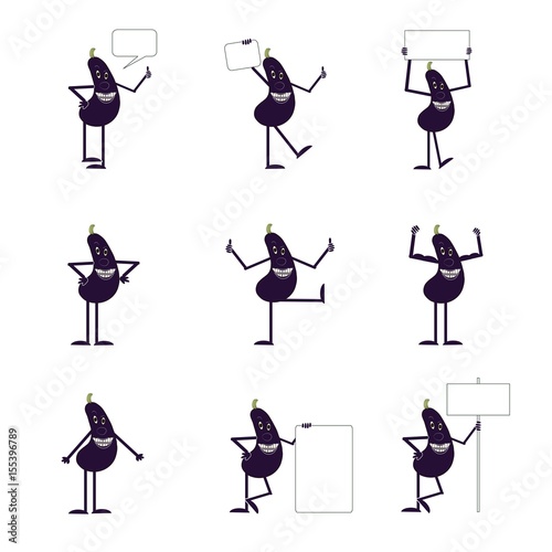 Set of eggplants emotion icons on white stock vector illustration