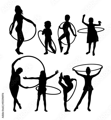 Little Girl Playing With Hula Hoop Silhouettes, art vector design