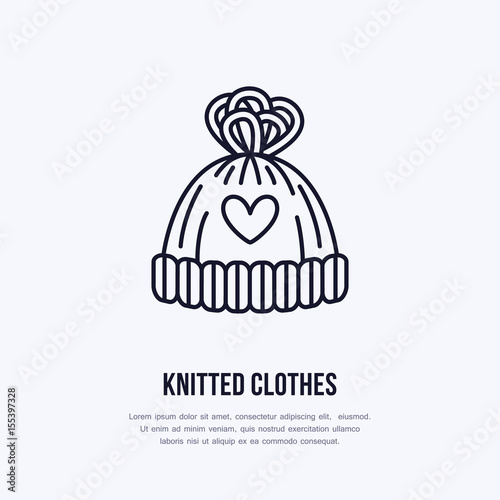 Illustration of woolen hat. Knitted clothing shop line logo. Vector flat sign for atelier or garment shop.
