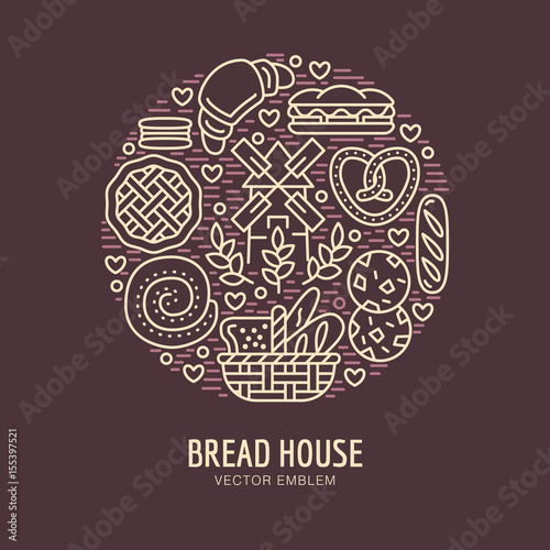 Bakery, confectionery poster template. Vector food line icons, circle illustration of sweets, pretzel, croissant muffin pastry, cupcake, pie, mill. Bread house products banner dark background.