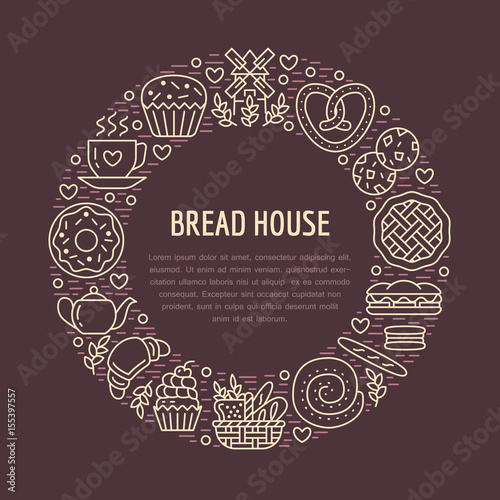 Bakery, confectionery poster template. Vector food line icons, illustration of sweets, pretzel, croissant, muffin, pastry cupcake, pie, mill. Bread house products dark banner with place for text.