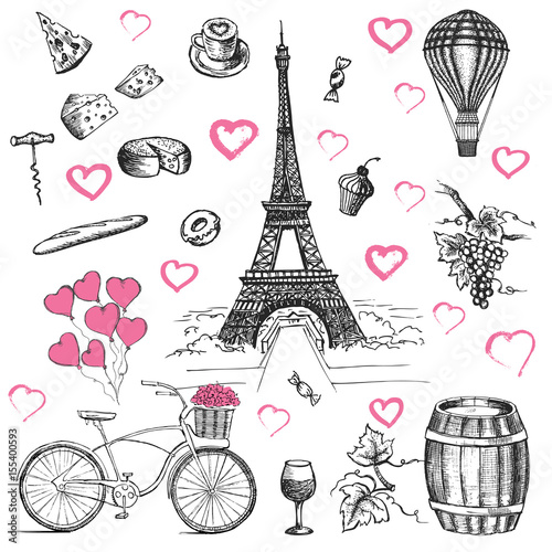 Set of hand drawn French icons, Paris sketch illustration
