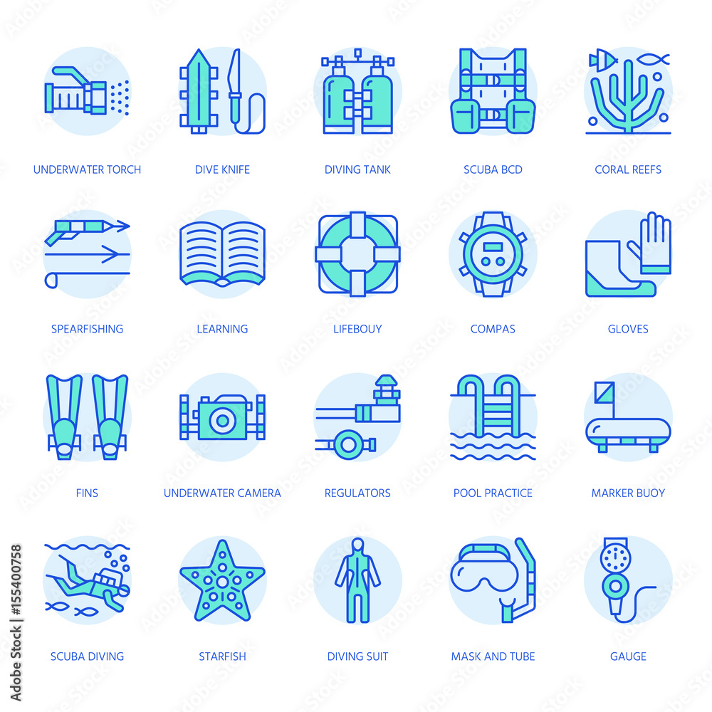 Scuba diving, snorkeling line icons. Spearfishing equipment - mask tube,  flippers, swim suit, diver. Water sport, summer activity thin linear signs,  blue color. Stock Vector