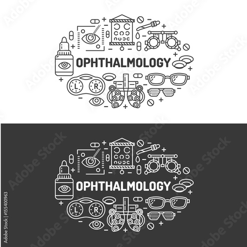 Ophthalmology, medical banner illustration. Eyes health care vector flat line icons of optometry equipment, contact lenses, glasses. Healthcare brochure, poster design. Isolated on white background.