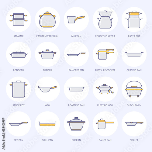 Pot, pan and steamer flat line icons. Restaurant professional equipment signs. Kitchen utensil - wok, saucepan, eathernware dish. Thin colored linear signs for commercial cooking store.