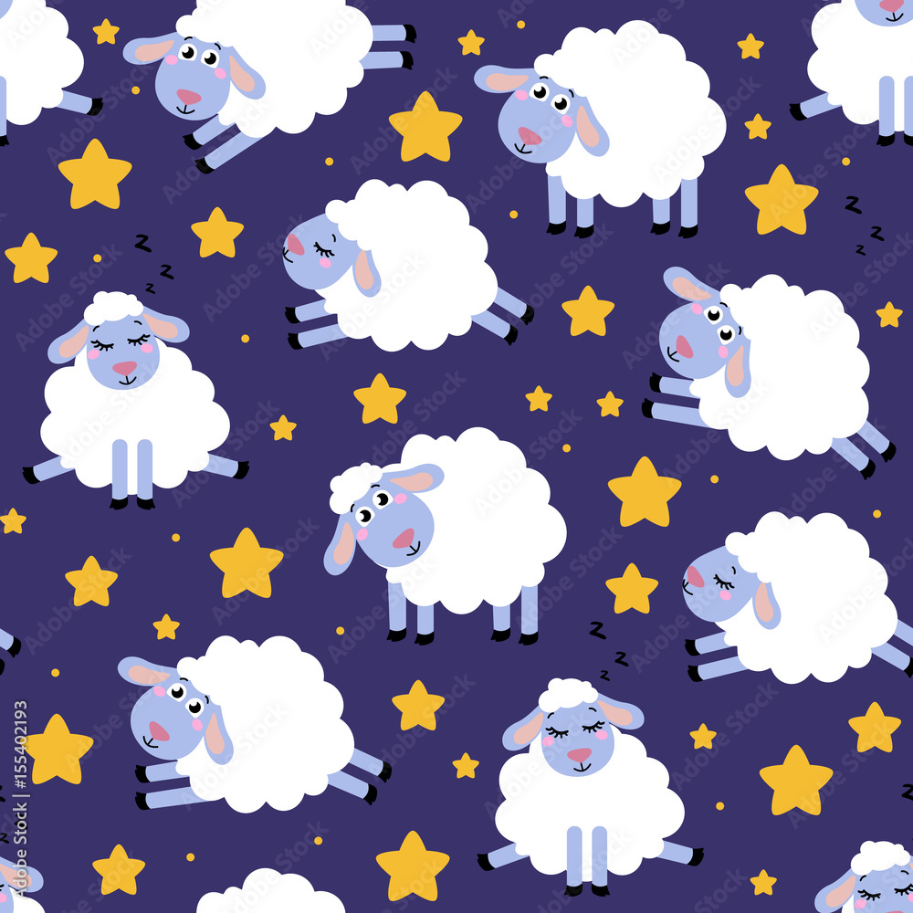 Seamless pattern of counting sheep to fall asleep. Cartoon happy jumping sheep for baby. Vector background Seamless pattern of counting sheep to fall asleep. Cartoon happy jumping sheep for baby. Vector background
