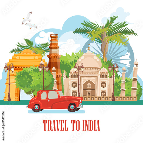 India. Goa. Vector illustration. Indian colorful template. Tropical resort. Vacations in India. Asia set