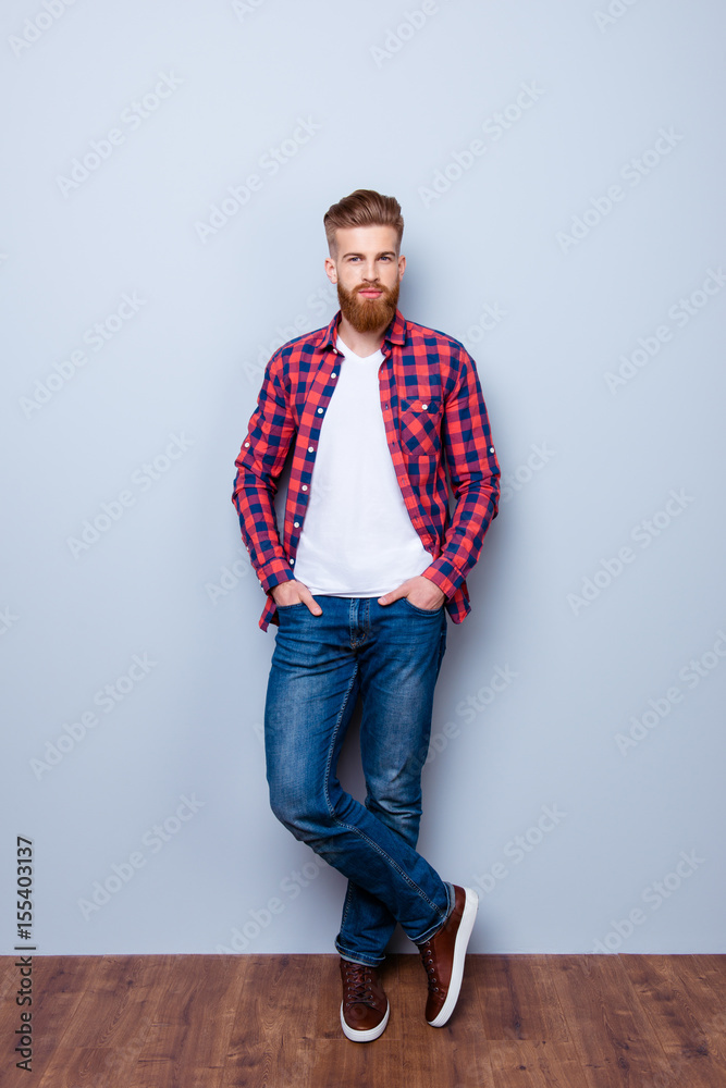 Jobtilbud Demokrati eskortere Successful young fashionable red bearded entrepreneur in bright pink casual  checkered shirt and jeans on pure background. He is harsh and virile Stock  Photo | Adobe Stock
