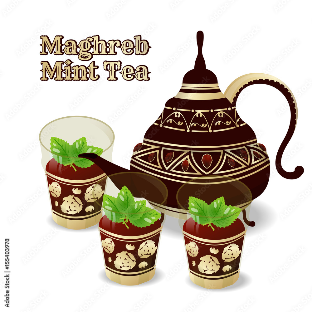 Moroccan tea. Peppermint in antique glass on a white background with a