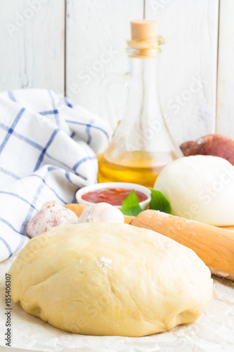 Ingredients and dough for pizza on a white background.