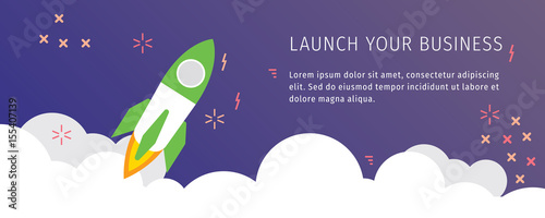 Launch your business. Web Banner. Start up. Business banner. Rocket launch illustration. 