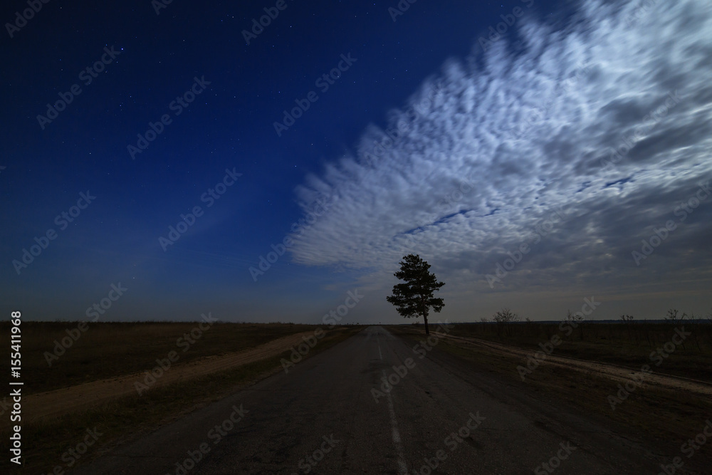 Stars in the night sky with clouds over the road. The landscape is photographed by moonlight.