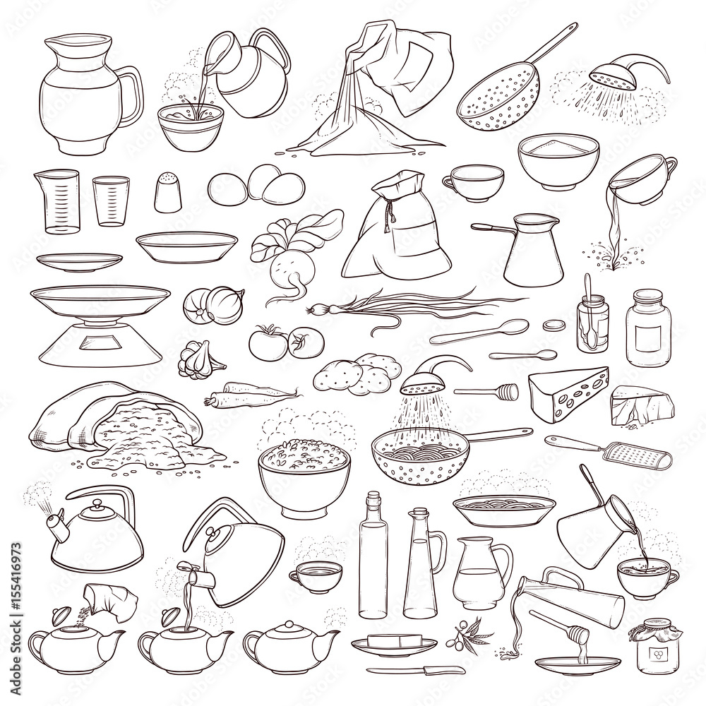 Vector black and white sketch collection set of food products, beverages and kitchen utensils. Brew tea and coffee, cooking pasta, pour olive oil and honey. Fresh vegetables, flour and grain in bag. Vector black and white sketch collection set of food products, beverages and kitchen utensils. Brew tea and coffee, cooking pasta, pour olive oil and honey. Fresh vegetables, flour and grain in bag.