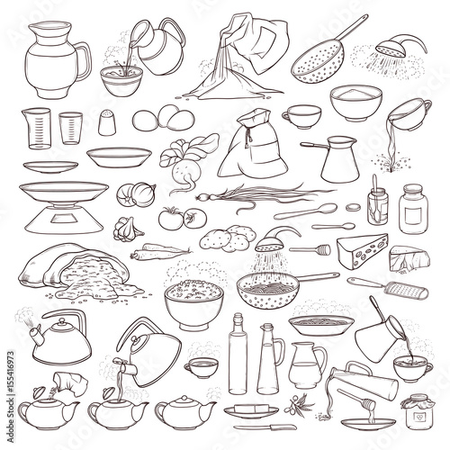 Vector black and white sketch collection set of food products, beverages and kitchen utensils. Brew tea and coffee, cooking pasta, pour olive oil and honey. Fresh vegetables, flour and grain in bag.
