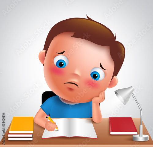 Preschool boy kid vector character bored studying school homework in desk with adorable sad face and unhappy look while writing. Vector illustration.

