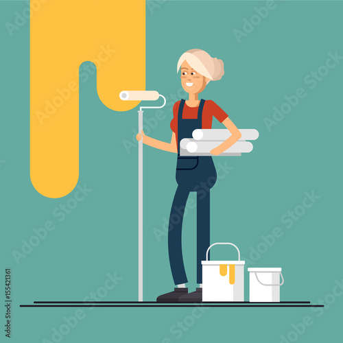 Couple of house painter vector flat characters with paint equipment
