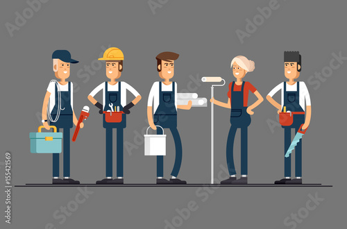 Cool vector concept layout on construction team characters