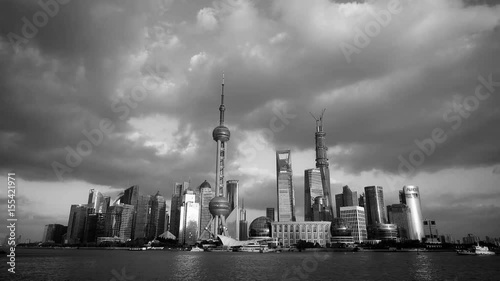 Black and white style of Shanghai skyline,world urban economic Centre building.	 photo