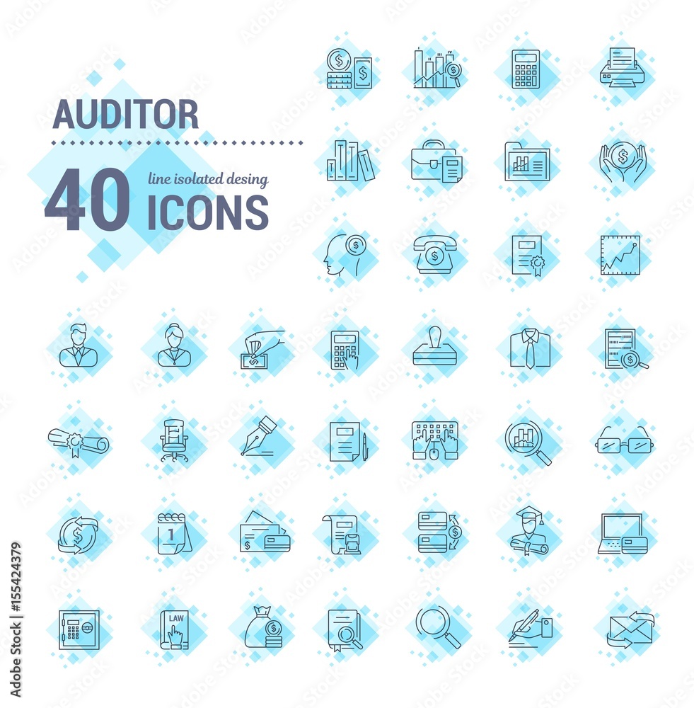 Vector graphic set. Icons in flat, contour, thin, minimal and linear design.Audit. Management of financial statements,payments.Monitoring of accounting.Concept illustration for Web site.Sign,symbol.