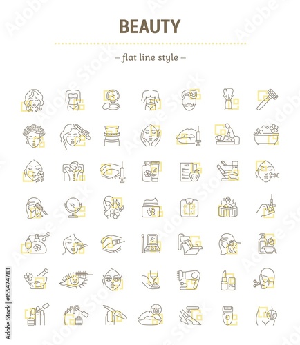 Vector graphic set. Icons in flat, contour, thin, minimal and linear design.Beauty. Attributes of beauty for men and women.Concept illustration for Web site.Sign,symbol, element.