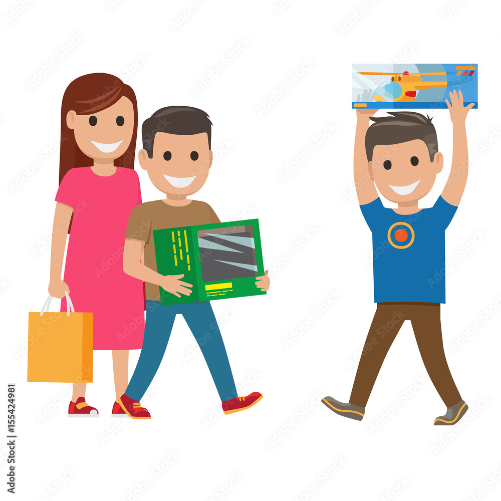 Family Shopping Illustration. Mother and Sons Family Shopping Illustration. Mother and Sons