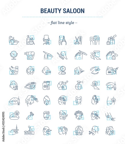Vector graphic set.Isolated Icons in flat, contour, thin, minimal and linear design.Beauty saloon.Care of hair, face and body. Beauty treatments.Concept illustration for Web site.Sign,symbol, element.