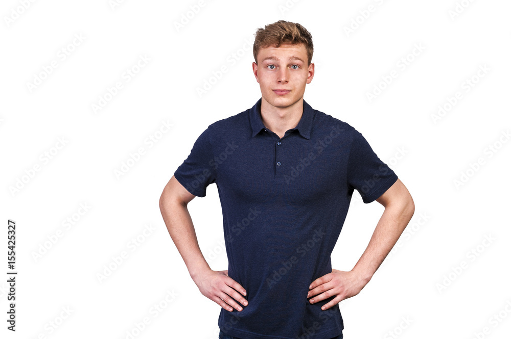 Man in navy polo t-shirt on white background with smile. Man in navy polo t-shirt on white background with smile.