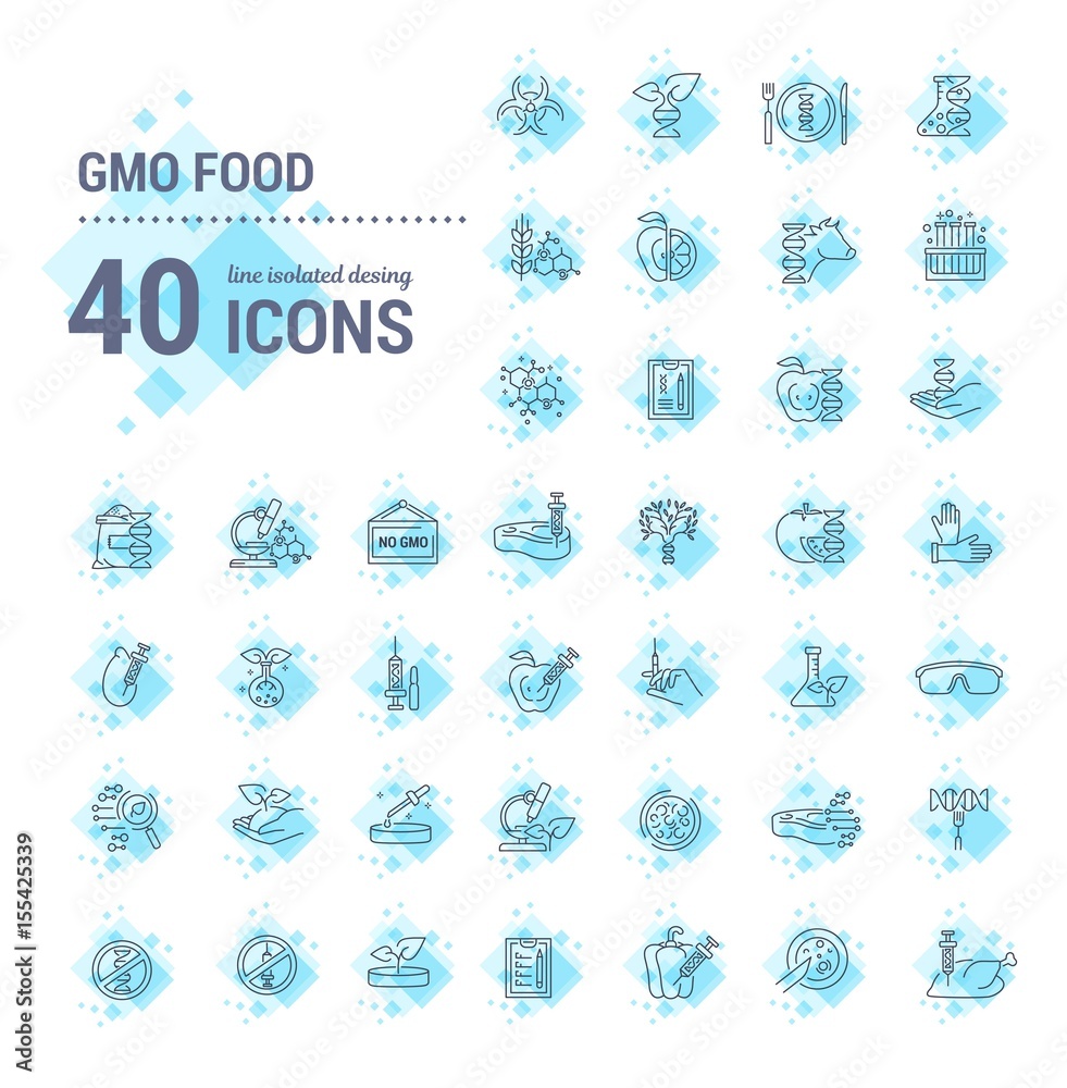 Vector graphic set. Icons in flat, contour, thin, minimal and linear design.Gmo food. Genetically modified food product.Modern technology.Concept illustration for Web site, app.Sign,symbol,element. Vector graphic set. Icons in flat, contour, thin, minimal and linear design.Gmo food. Genetically modified food product.Modern technology.Concept illustration for Web site, app.Sign,symbol,element.