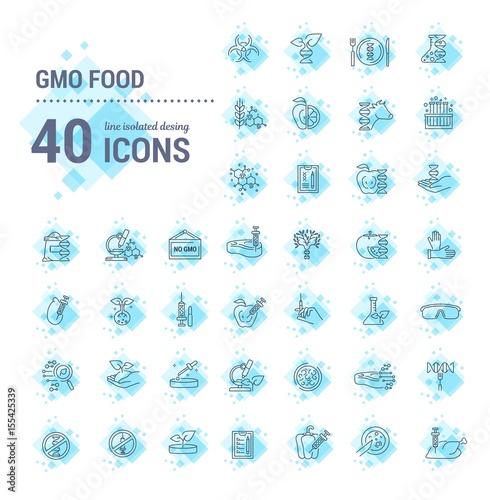 Vector graphic set. Icons in flat, contour, thin, minimal and linear design.Gmo food. Genetically modified food product.Modern technology.Concept illustration for Web site, app.Sign,symbol,element.