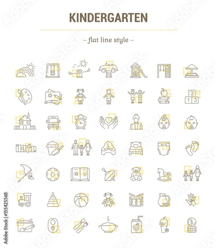 Vector graphic set. Icons in flat, contour, thin, minimal and linear design.Kindergarten. Establishment of public education of children. Concept illustration for Web site.Sign,symbol, element.