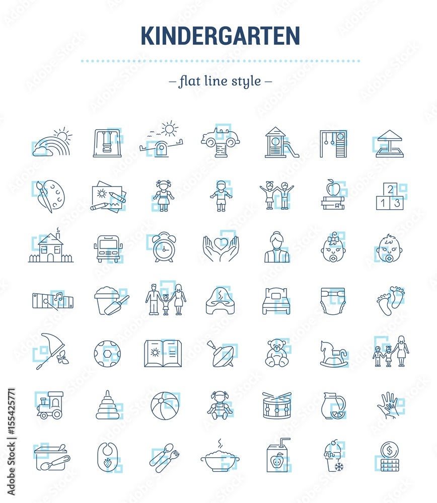 Vector graphic set. Icons in flat, contour, thin, minimal and linear design.Kindergarten. Establishment of public education of children. Concept illustration for Web site.Sign,symbol, element.