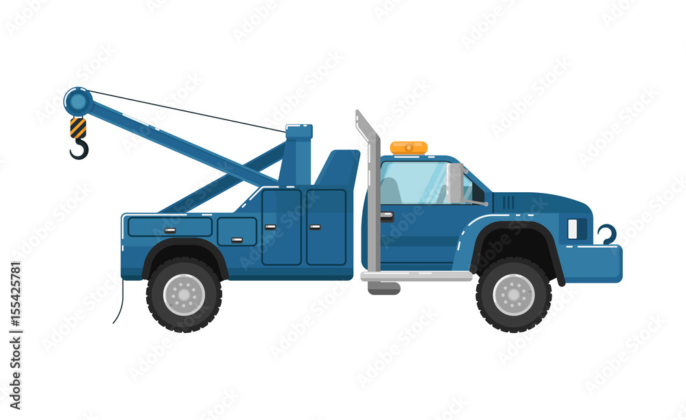Tow truck isolated vector illustration on white background. Service auto vehicle, city emergency transport, urban roadside assistance car.