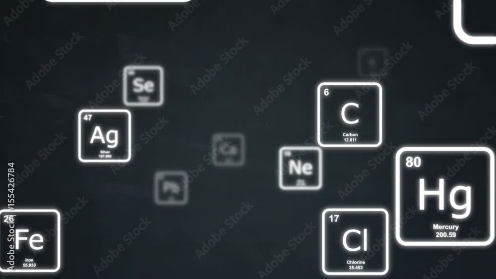 White chemical elements from the periodic table floating by on a blackboard. Seamlessly loopable animation.