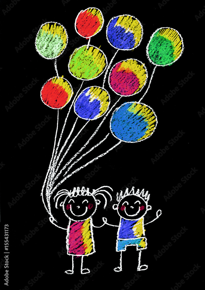 Kids drawing Happy children with balloon Illustration for kindergarten,  school, kids party, children birthday, postcard Stock Illustration | Adobe  Stock