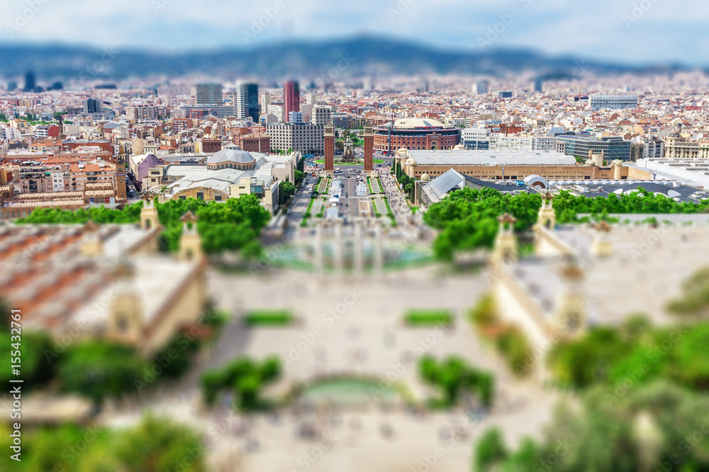 Barcelona, Spain - May 2, 2015: Barcelona Attractions, Plaza de Espana, Catalonia, Spain. Tilt-shift effected photo