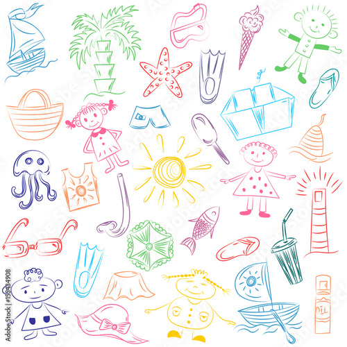 Colorful Hand Drawings of Summer Vacancies Symbols. Doodle Boats, Ice cream, Palms, Hat, Umbrella, Jellyfish, Cocktail, Sun and Kids. Vector Illustration.