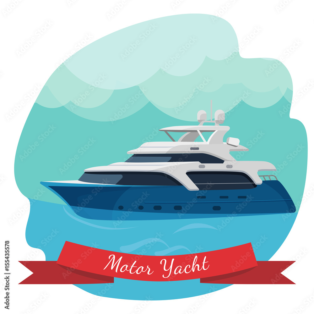Luxury two-deck motor yacht sailing in ocean vector illustration