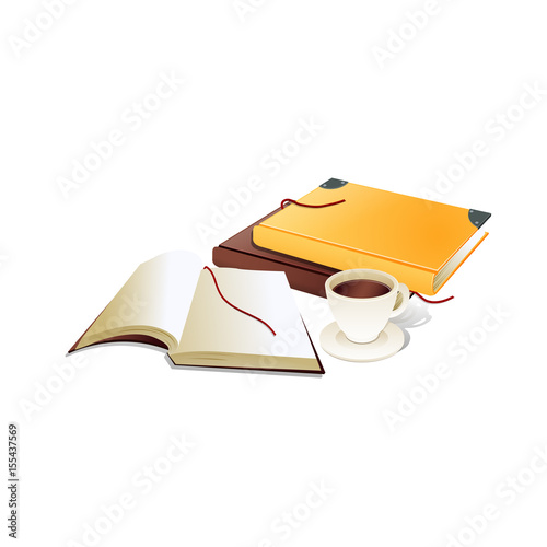 Book with ribbon bookmark and cup of coffe. realistic vector Illustration