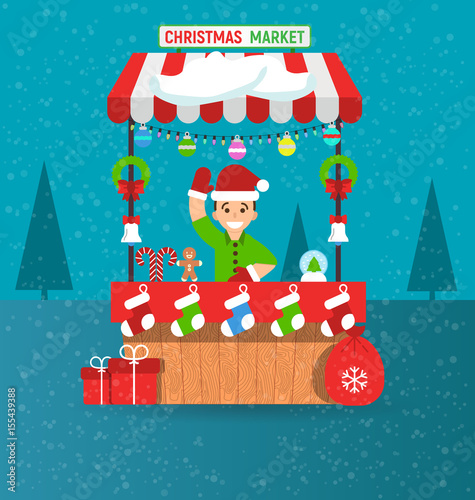Happy young man and christmas market stall with souvenirs in modern flat style. Garlands. Vector illustration. Invitation card Merry Christmas and happy new year on fair.