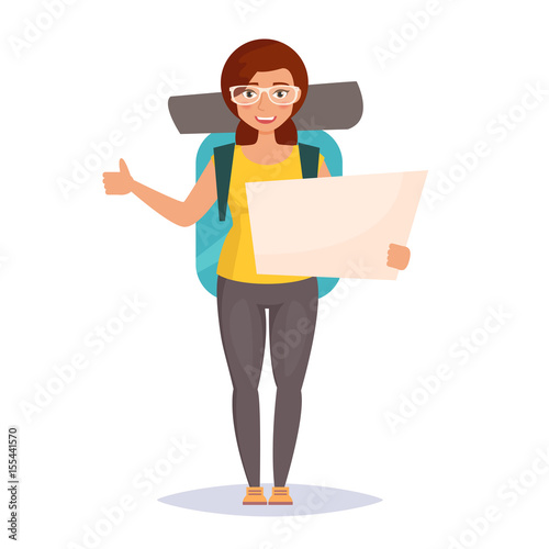 Hitchhiking. Woman traveler