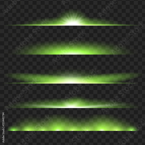 Set of Green glowing light effect. Isolated on black transparent background. Vector illustration, eps 10.