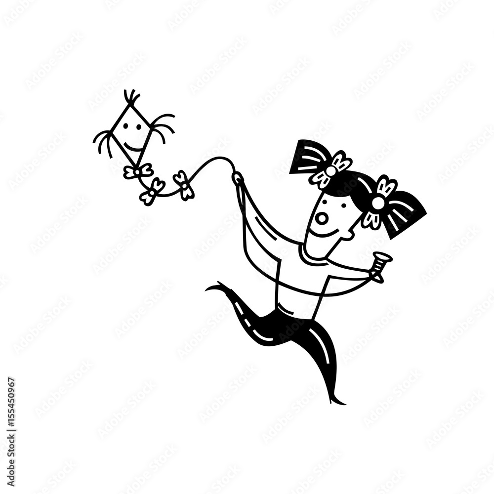 Fototapeta premium Cute little girl with kite. cartoon Vector Illustration.