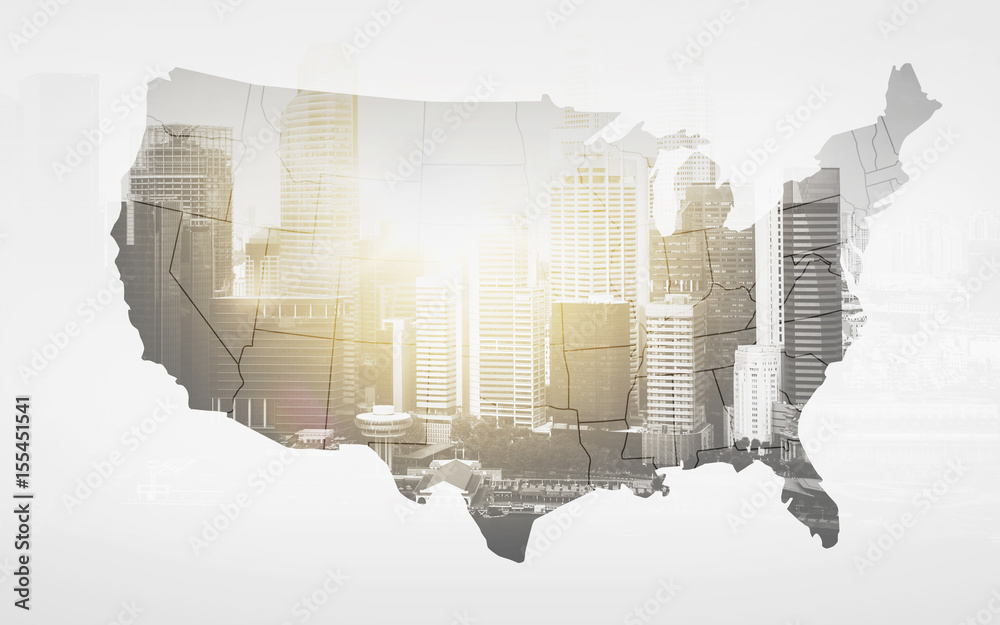 map of united states of america over city - obrazy, fototapety, plakaty 