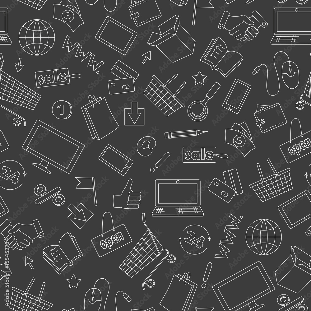 Seamless pattern on the theme of online shopping and Internet shops, white contour icons on dark background Seamless pattern on the theme of online shopping and Internet shops, white contour icons on dark background