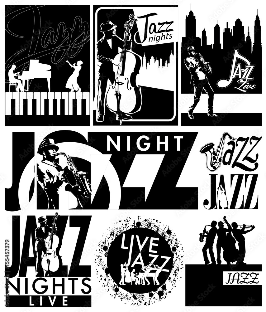 Editable vector labels of jazz musicians in black and white for poster, shirt, sticker, flyer and others