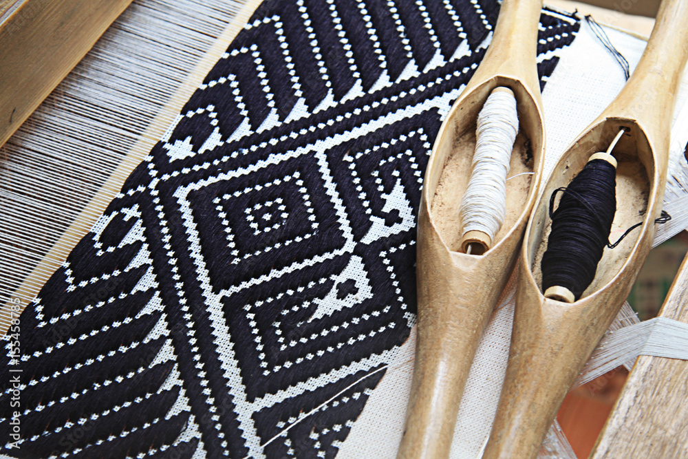 Fototapeta premium Wood tools fabric handmade and yarn of silk
