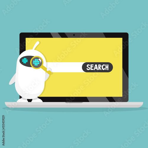 Search conceptual illustration. Cute white robot looking through the magnifying glass / flat editable vector illustration