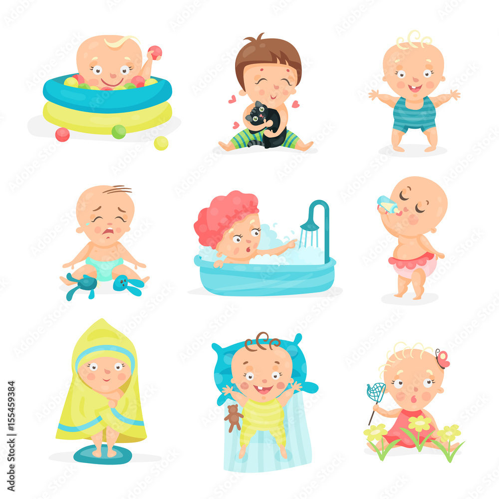 Cute little babies in different situations set. Happy smiling little boys and girls vector illustrations Cute little babies in different situations set. Happy smiling little boys and girls vector illustrations