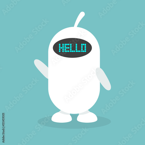 Cute white robot says "hello" / flat editable vector illustration, clip art