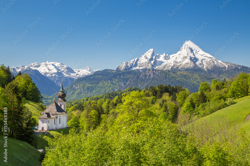 Church of Maria Gern with Watzmann mountain in springtime, Berchtesgadener Land, Bavaria, Germany